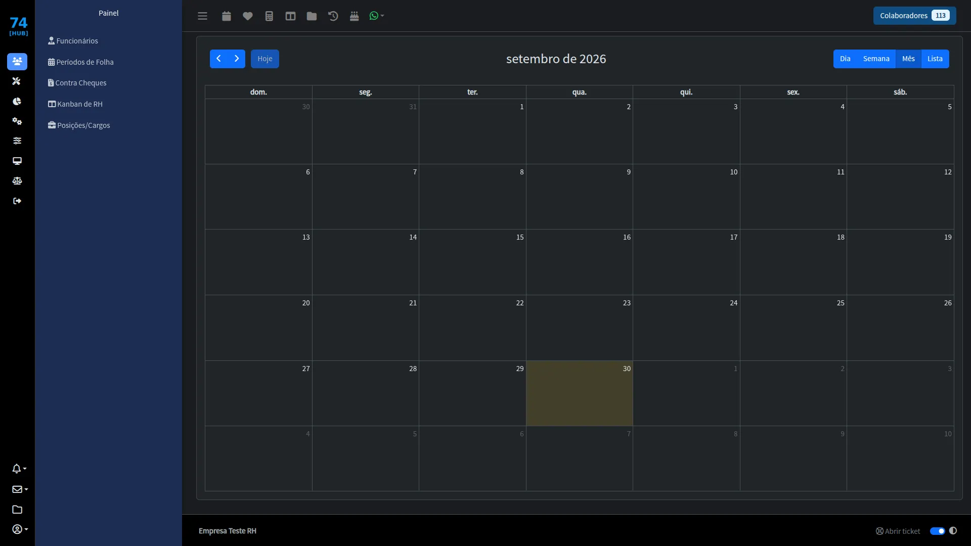 Calendário operacional no 74 Hub-RH Tela do sistema 74 Hub-RH: Calendário operacional