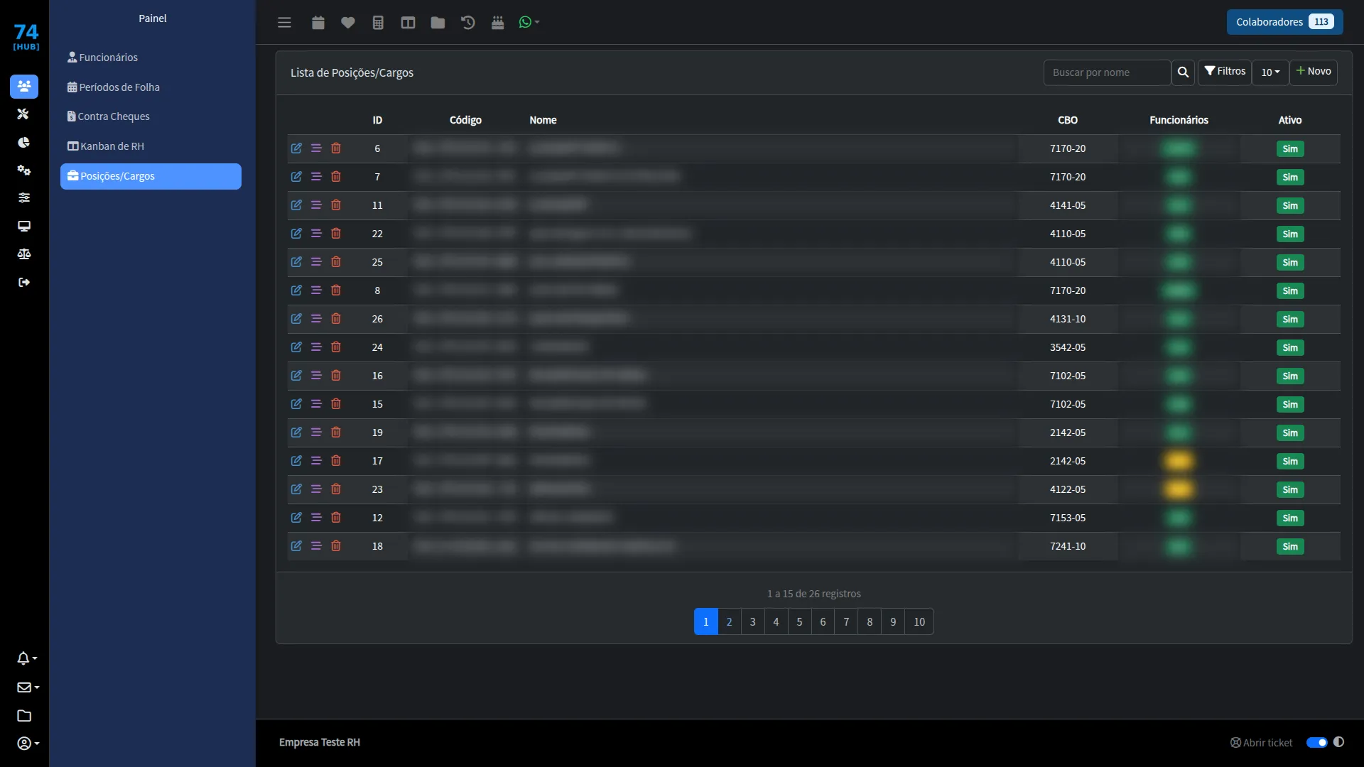 Posições e cargos no 74 Hub-RH Tela do sistema 74 Hub-RH: Posições e cargos