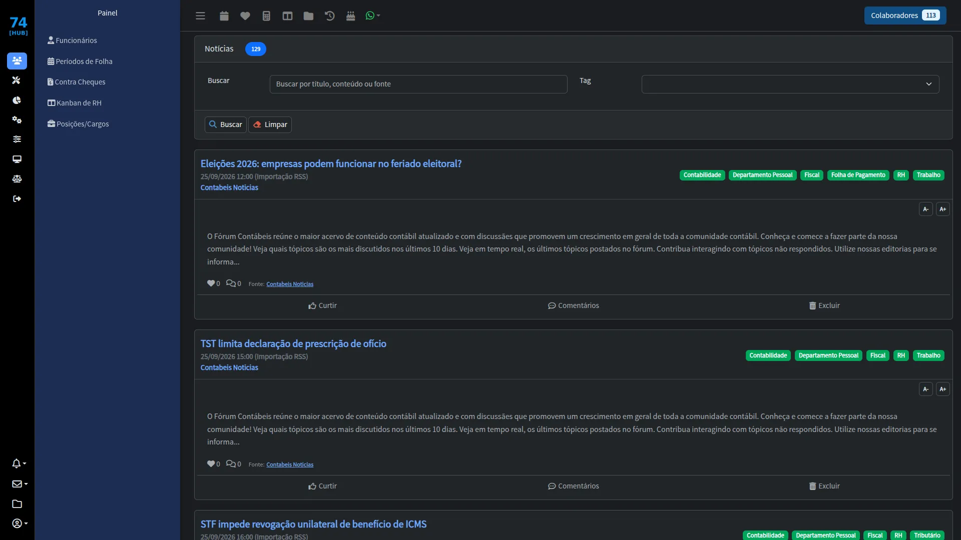 Central de notícias e atualizações para RH no Hub-RH no 74 Hub-RH Tela do 74 Hub-RH: Central de notícias e atualizações para RH no Hub-RH