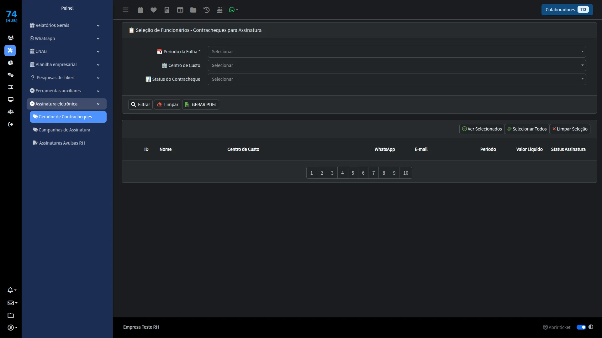 Gerador de contracheques no 74 Hub-RH Tela do sistema 74 Hub-RH: Gerador de contracheques