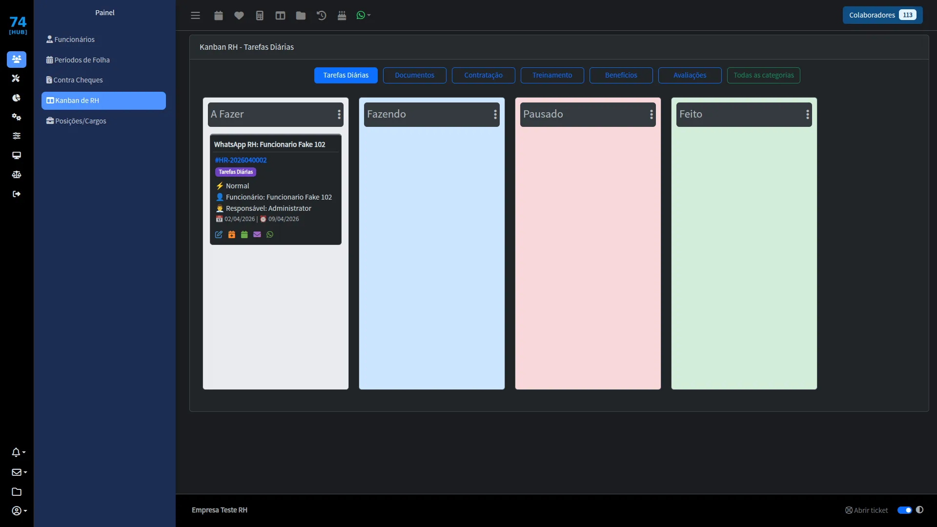Kanban para organizar tarefas de RH no 74 Hub-RH Tela do 74 Hub-RH: Kanban para organizar tarefas de RH